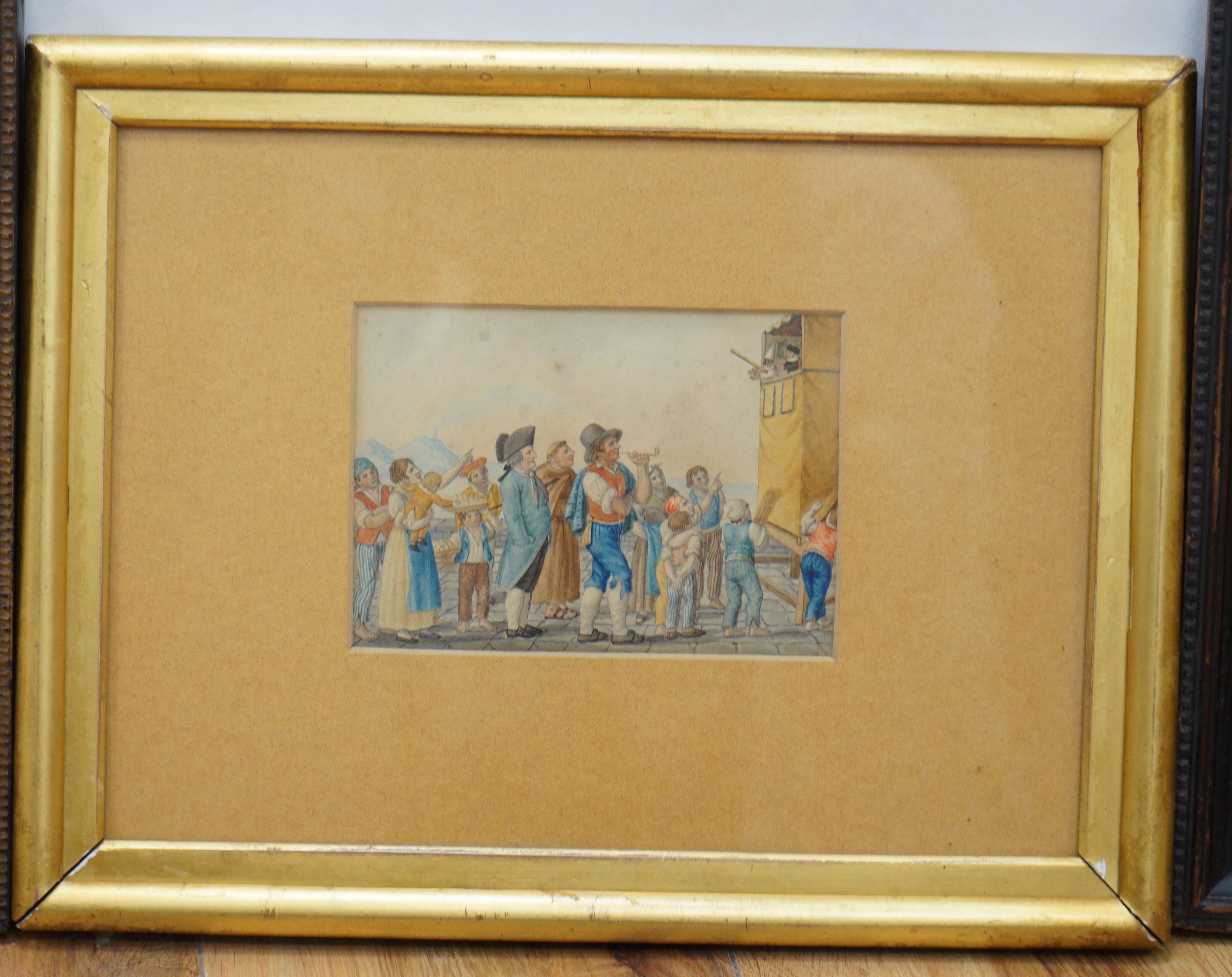 Dutch School, two pastel portraits of gentleman, one monogrammed EL, 24 x 18cm and a small watercolour of 18th century figures watching a Punch and Judy show
